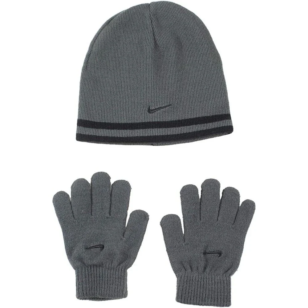 Nike Boys Black & Gray Hat with Gloves One Size Youth Reversible NEW - Picture 1 of 4
